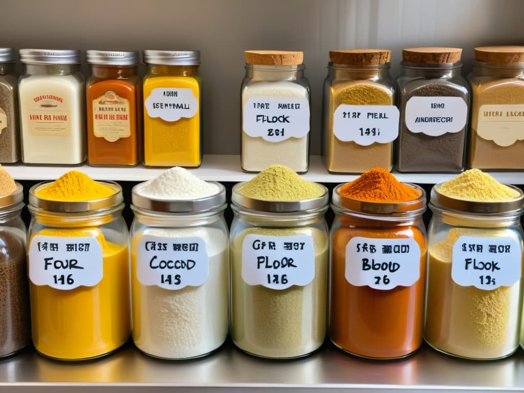  An ultradetailed closeup image of a variety of alternative flour types commonly used in baking, such as almond flour, coconut flour, and chickpea flour, each displayed in small, elegant glass jars with handwritten labels. The focus is on the textures and colors of the different flours, showcasing their unique characteristics and inviting the viewer to explore the world of alternative baking ingredients. hyperrealistic, full body, detailed clothing, highly detailed, cinematic lighting, stunningly beautiful, intricate, sharp focus, f/1. 8, 85mm, (centered image composition), (professionally color graded), ((bright soft diffused light)), volumetric fog, trending on instagram, trending on tumblr, HDR 4K, 8K