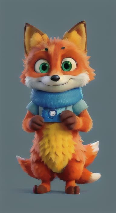  {Error the fox pressing the blue button with his paw, looking puzzled as nothing occurs., Error is a small, bright orange fox with a fluffy tail and big, inquisitive eyes. He has a mischievous yet kind expression and wears a tiny green scarf.