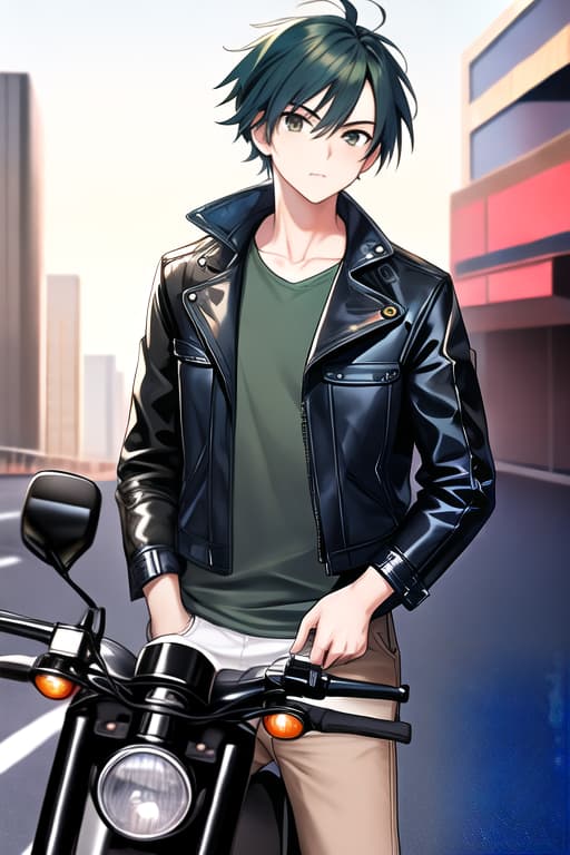  masterpiece, best quality, 1man, solo, jacket, hand in pocket,  bag, black hair, black eyes, cyberpunk, street, machinery, motor vehicle, motorcycle, panorama, sungles, blue background, riding, (( Man )), (( deep eyes )), (( green brown eyes )), (( navy blue hair )), (( styled hair )), (( fully-clothed attire ))