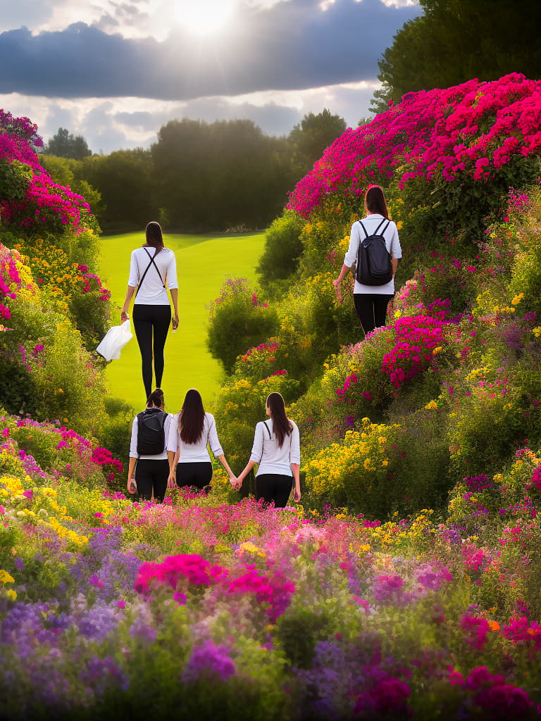  <lora:full-body:1> three students walking among beautiful flowers on school campus , smelling the roses,hands brushing through the flowers, letting the sun grace their faces, hyperrealistic, full body, detailed clothing, highly detailed, cinematic lighting, stunningly beautiful, intricate, sharp focus, f/1. 8, 85mm, (centered image composition), (professionally color graded), ((bright soft diffused light)), volumetric fog, trending on instagram, trending on tumblr, HDR 4K, 8K