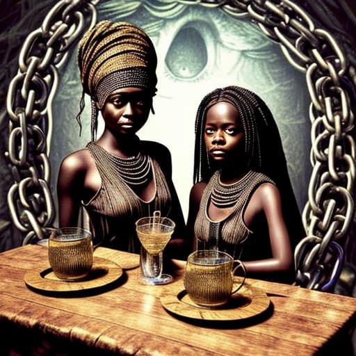  Alice and a African girl dressed in chains having a drink at a wild drinking party, stable diffusion, absolute reality v1.6, in the style of hr giger