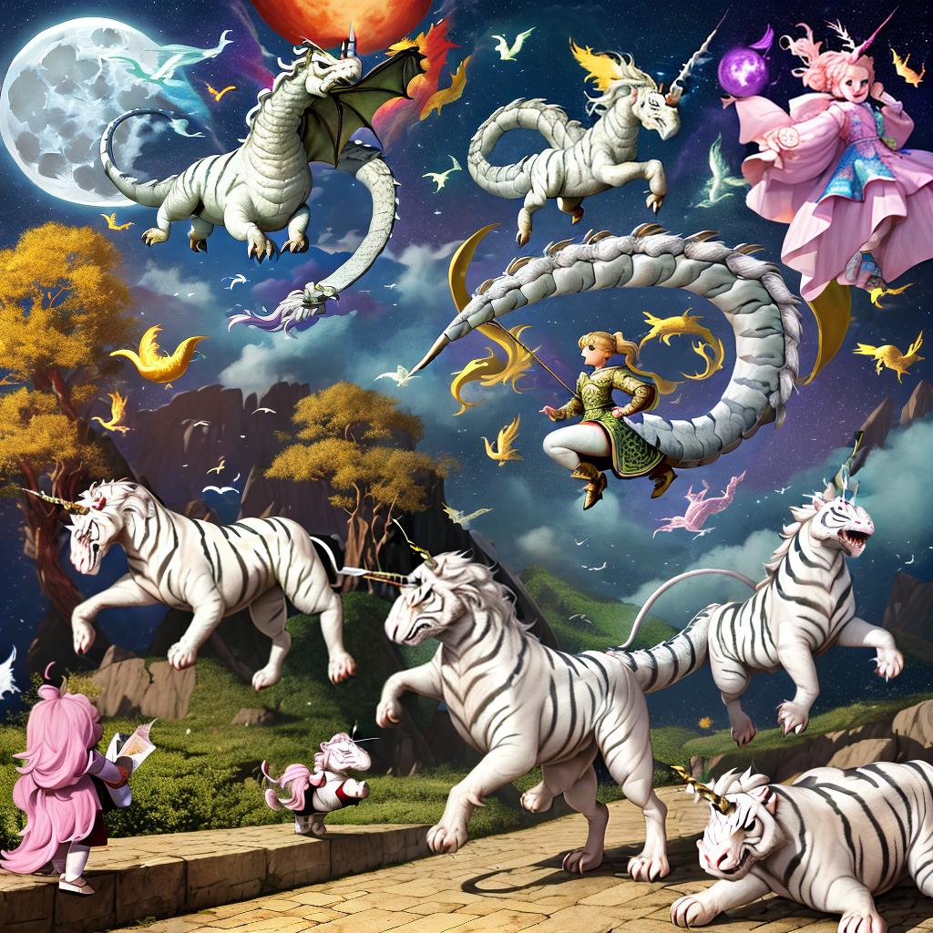  masterpiece, best quality, best quality, panorama, unicorn, dragon head, fangs, white tiger body, arrogance, dragon horn, rosefinch tail, turtle feet, standing, flying, full moon, dream, futurism