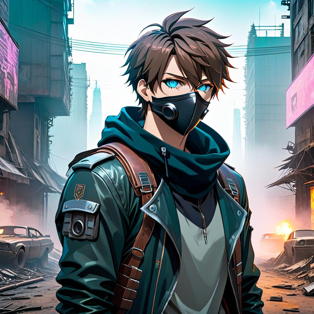  anime artwork A young man. Hit on the shoulder. A bandage on one eye. A futuristic mask covering mouth and nose. Post apocalyptic. . anime style, key visual, vibrant, studio anime, highly detailed hyperrealistic, full body, detailed clothing, highly detailed, cinematic lighting, stunningly beautiful, intricate, sharp focus, f/1. 8, 85mm, (centered image composition), (professionally color graded), ((bright soft diffused light)), volumetric fog, trending on instagram, trending on tumblr, HDR 4K, 8K