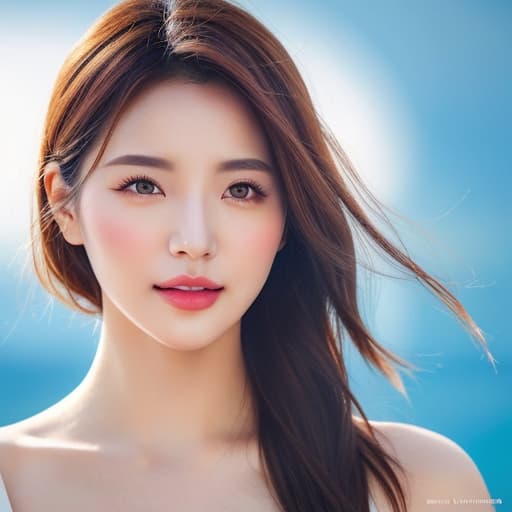  Portrait of a young woman's face with natural glow makeup style and lip gloss, against a vibrant blue sky background. Ultra realistic, high detail, Korean beauty influencer aesthetic, ethereal lighting, glossy finish s 150 c 5 hyperrealistic, full body, detailed clothing, highly detailed, cinematic lighting, stunningly beautiful, intricate, sharp focus, f/1. 8, 85mm, (centered image composition), (professionally color graded), ((bright soft diffused light)), volumetric fog, trending on instagram, trending on tumblr, HDR 4K, 8K