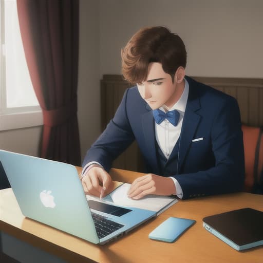  charming cow working hard on a laptop, wearing a suit, in a bedroom