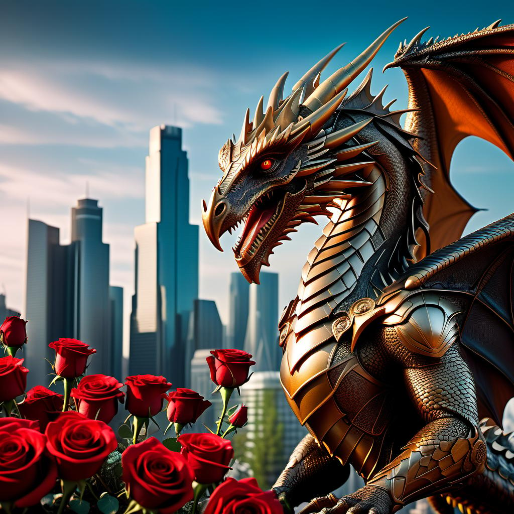  metropolis themed This dragon may look scary, but he has a good heart. Accompanied by a devoted phoenix, roses bloom wherever he is. . urban, cityscape, skyscrapers, modern, futuristic, highly detailed hyperrealistic, full body, detailed clothing, highly detailed, cinematic lighting, stunningly beautiful, intricate, sharp focus, f/1. 8, 85mm, (centered image composition), (professionally color graded), ((bright soft diffused light)), volumetric fog, trending on instagram, trending on tumblr, HDR 4K, 8K