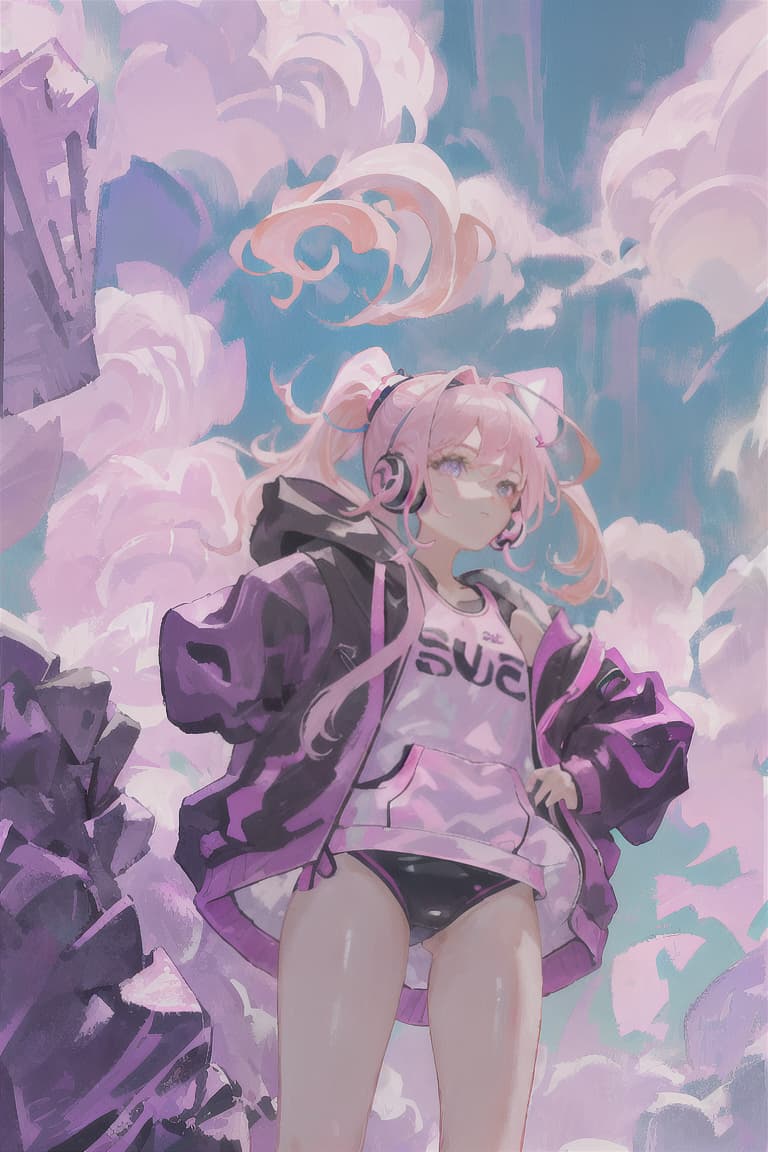  master piece , best quality,Pink hair, ponytail, purple headphones, black and white swimsuit, pink hoodie