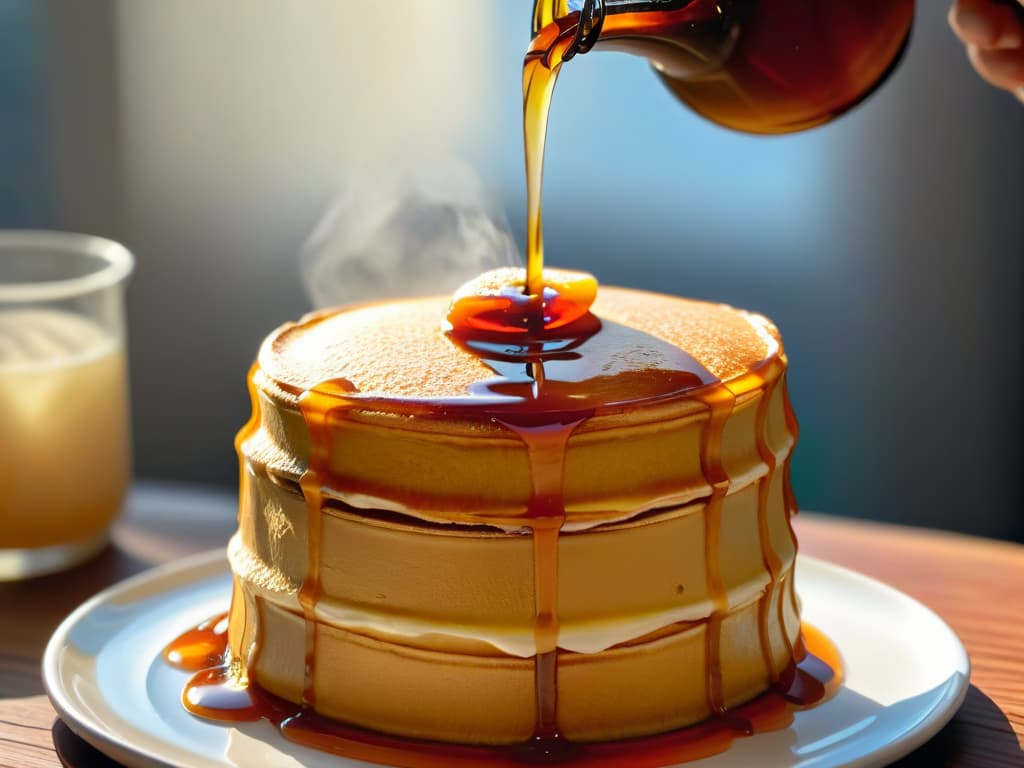  An ultradetailed closeup image of golden yacón syrup being drizzled over a stack of freshly made fluffy pancakes, with the syrup cascading down the sides, glistening under soft natural lighting. The texture of the syrup appears viscous and rich, capturing the moment of indulgence and sweetness, perfectly complementing the theme of exploring exotic alternatives in pastry making. hyperrealistic, full body, detailed clothing, highly detailed, cinematic lighting, stunningly beautiful, intricate, sharp focus, f/1. 8, 85mm, (centered image composition), (professionally color graded), ((bright soft diffused light)), volumetric fog, trending on instagram, trending on tumblr, HDR 4K, 8K