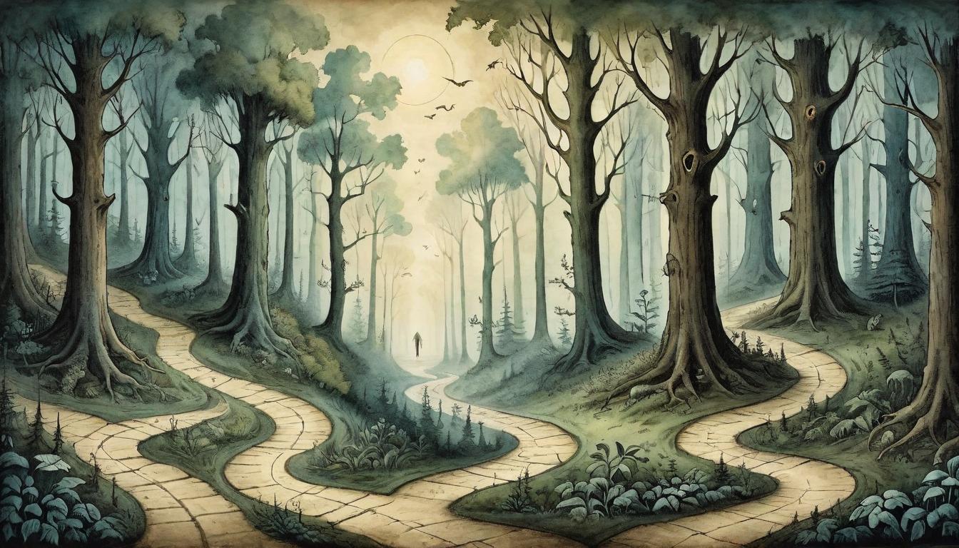  on parchment, surrealism+++, Paths of light and shadows intertwining through a forest, each path marked by choices and challenges, symbolizing the journey of profound choices, intricate choices, challenging paths, intertwined destiny, forest of decisions.(mysterious, provocative, symbolic,muted color)+++