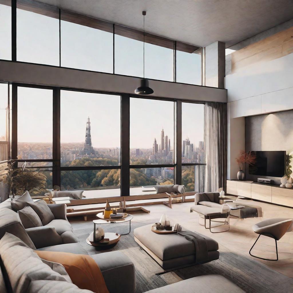  masterpiece, best quality, Best Quality, Masterpiece, 8k resolution,high resolution concept art of an apartment living room with floor to ceiling windows and modern furniture