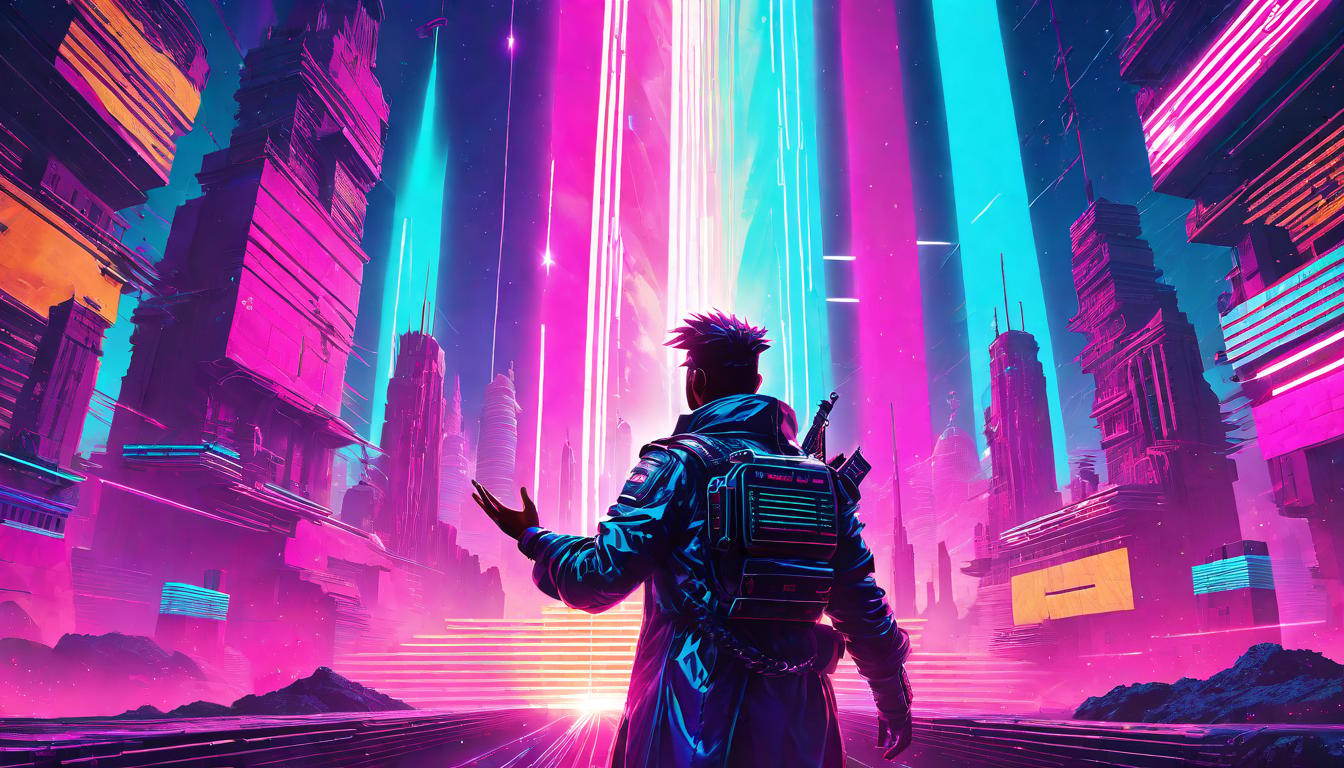  vaporwave,cyberpunk game style A person raising hands, beams of light connecting to celestial beings, intense and sacred feeleon, dystopian, futuristic, digital, vibrant, detailed, high contrast, reminiscent of cyberpunk genre video games,retro aesthetic, cyberpunk, vibrant, neon colors, vintage 80s and 90s style, highly detailed