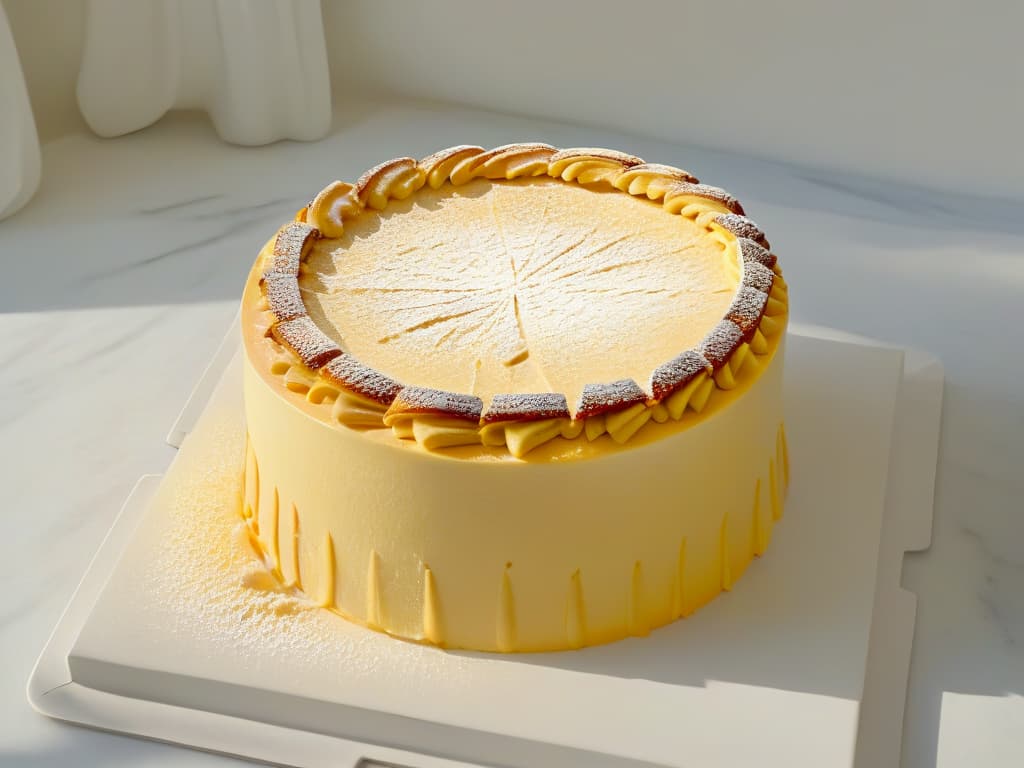  A closeup, ultradetailed image of a perfectly baked Japanese cheesecake sitting on a sleek, modern marble countertop. The cheesecake is flawlessly smooth and creamy, with a subtle golden hue on top. The minimalistic aesthetic is highlighted by the clean lines of the countertop and the soft natural lighting casting gentle shadows, emphasizing the elegance and simplicity of this iconic dessert. hyperrealistic, full body, detailed clothing, highly detailed, cinematic lighting, stunningly beautiful, intricate, sharp focus, f/1. 8, 85mm, (centered image composition), (professionally color graded), ((bright soft diffused light)), volumetric fog, trending on instagram, trending on tumblr, HDR 4K, 8K