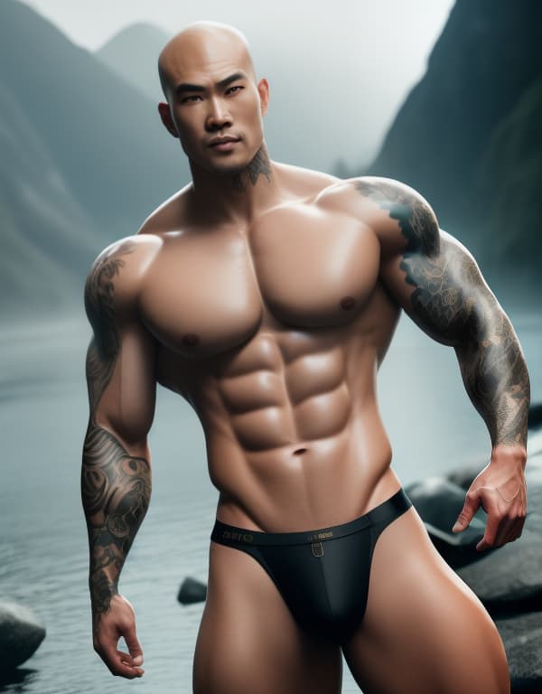  muscle, tattooed Chinese bald boy taking a in river ,  whole dorsal body，chest hair hyperrealistic, full body, detailed clothing, highly detailed, cinematic lighting, stunningly beautiful, intricate, sharp focus, f/1. 8, 85mm, (centered image composition), (professionally color graded), ((bright soft diffused light)), volumetric fog, trending on instagram, trending on tumblr, HDR 4K, 8K