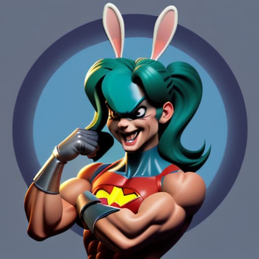  A funny rabbit as a superhero character with a very crazy, funny face and muscles