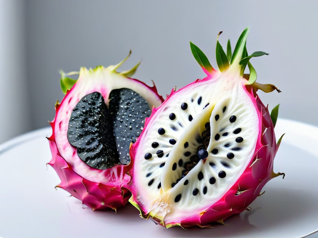  A closeup, ultradetailed image of a vibrant purple dragon fruit sliced open to reveal its speckled white flesh, with small black seeds scattered on top. The image showcases the unique texture and colors of the exotic fruit, set against a clean, white background to emphasize its natural beauty and appeal. hyperrealistic, full body, detailed clothing, highly detailed, cinematic lighting, stunningly beautiful, intricate, sharp focus, f/1. 8, 85mm, (centered image composition), (professionally color graded), ((bright soft diffused light)), volumetric fog, trending on instagram, trending on tumblr, HDR 4K, 8K