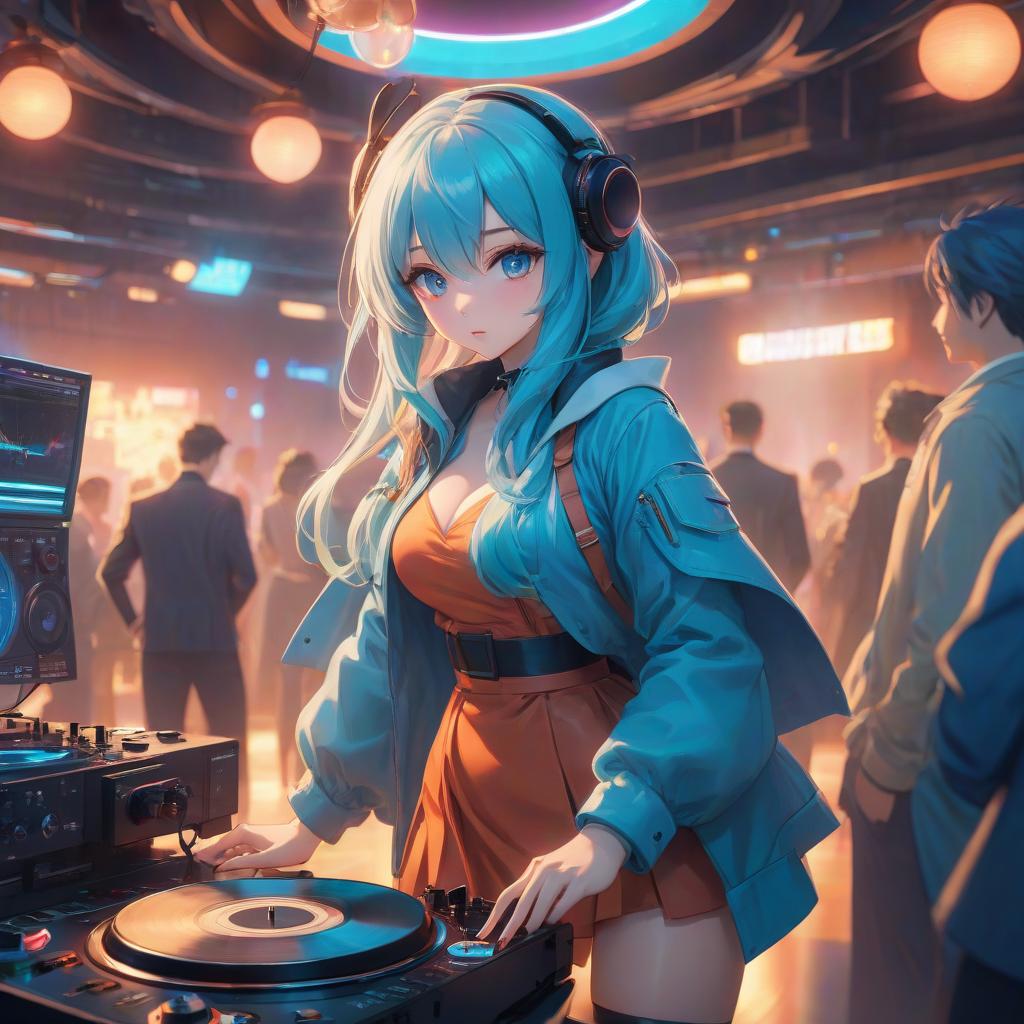  anime artwork trendy, cold, energy, blue colors, girl, party, turntable, club, sewerslvt . anime style, key visual, vibrant, studio anime, highly detailed hyperrealistic, full body, detailed clothing, highly detailed, cinematic lighting, stunningly beautiful, intricate, sharp focus, f/1. 8, 85mm, (centered image composition), (professionally color graded), ((bright soft diffused light)), volumetric fog, trending on instagram, trending on tumblr, HDR 4K, 8K