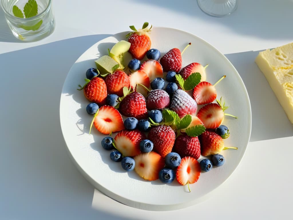  An ultradetailed image of a sleek, modern fruit dessert platter featuring vibrant fruits like strawberries, kiwis, and blueberries arranged in an intricate, geometric pattern on a pristine white plate. Each fruit is meticulously sliced and arranged to create a visually stunning and appetizing display, with a drizzle of honey and a sprinkle of mint leaves adding a touch of elegance. The background is a soft, blurred backdrop that enhances the colors and shapes of the fruits, emphasizing the evolution of fruit desserts in a modern, minimalist style. hyperrealistic, full body, detailed clothing, highly detailed, cinematic lighting, stunningly beautiful, intricate, sharp focus, f/1. 8, 85mm, (centered image composition), (professionally color graded), ((bright soft diffused light)), volumetric fog, trending on instagram, trending on tumblr, HDR 4K, 8K