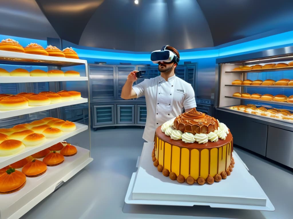  A photorealistic image of a professional baker wearing a virtual reality headset, surrounded by holographic cake designs and ingredients floating in the air. The baker is focused and inspired, reaching out to interact with a digital interface displaying various baking techniques. The background shows a modern bakery kitchen equipped with advanced technology, enhancing the immersive learning experience of virtual reality in pastry making. hyperrealistic, full body, detailed clothing, highly detailed, cinematic lighting, stunningly beautiful, intricate, sharp focus, f/1. 8, 85mm, (centered image composition), (professionally color graded), ((bright soft diffused light)), volumetric fog, trending on instagram, trending on tumblr, HDR 4K, 8K