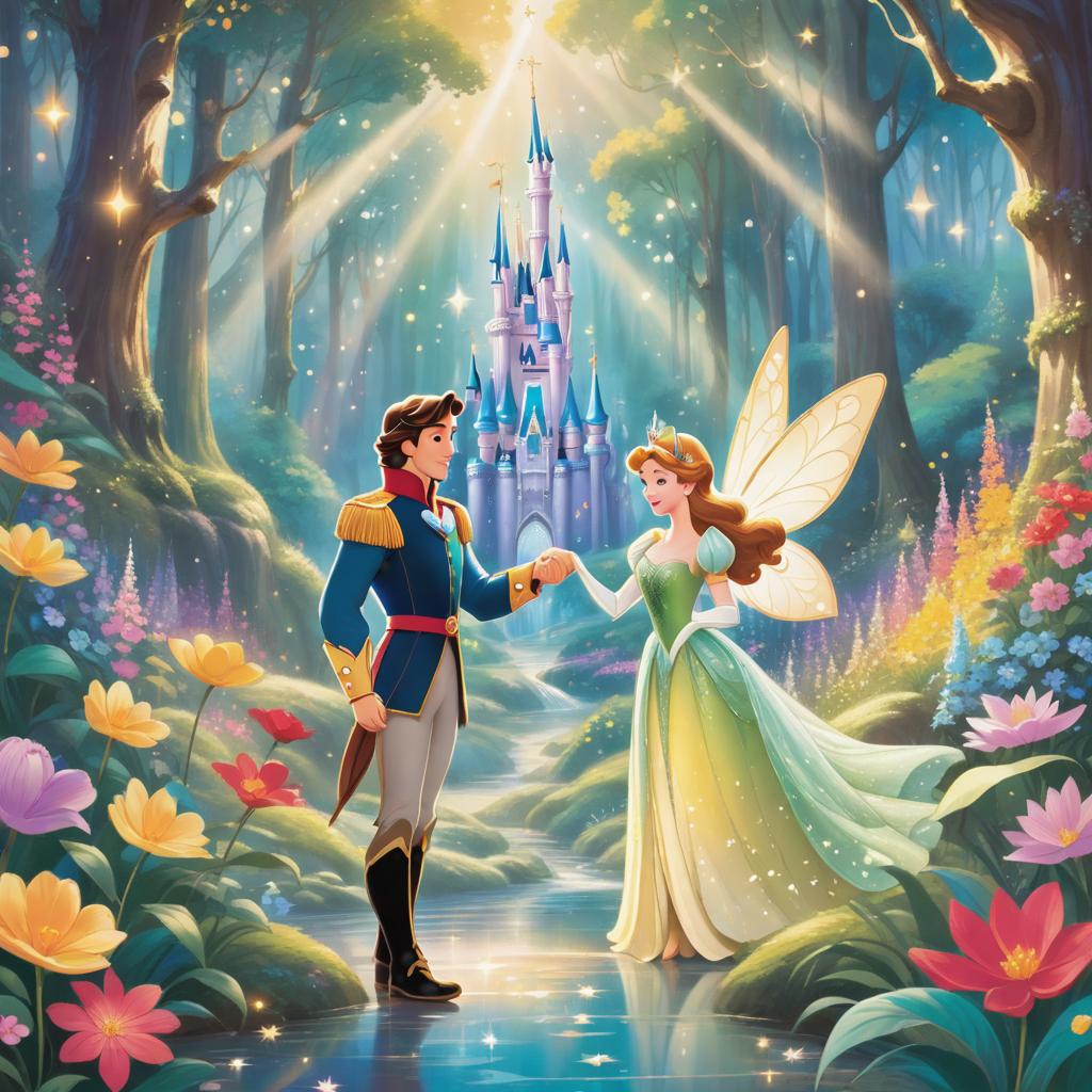 Image style: 'Disney Animation Style'. The ilration style is vintage and colorful, with a touch of whimsy and fantasy. The prince and the fairy are seen standing together, looking determined and ready for an adventure. They are in a magical forest, surrounded by tall trees, colorful flowers, and sparkling streams. The prince and the fairy are holding hands, as if they are about to embark on a journey. The sch bubble says, "Let's stop the evil sorcerer and save the ren's stories!" There are floating books and pages from ren's stories scattered around the scene. The prince has a determined and courageous expression, while the fairy has a mischievous and confident expression. The image is hyperrealistic with a full body view o hyperrealistic, full body, detailed clothing, highly detailed, cinematic lighting, stunningly beautiful, intricate, sharp focus, f/1. 8, 85mm, (centered image composition), (professionally color graded), ((bright soft diffused light)), volumetric fog, trending on instagram, trending on tumblr, HDR 4K, 8K