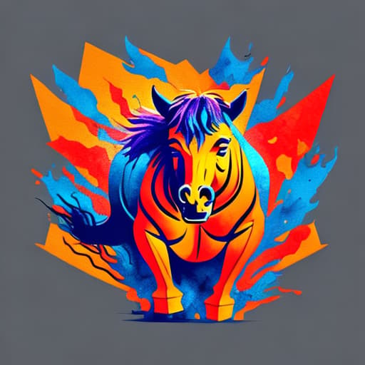 IN THE STYLE OF <MAGIFACTORY> A wild bronco in full roar, charging directly towards the camera with a fierce expression. The image is captured in a dynamic watercolor style, showcasing vibrant blue and orange colors and fluid brushstrokes. Splashes and splatters around the bronco suggest its swift movement and wild energy. The body is particularly detailed with bright colors to emphasize its impressive size and the bronco's regal presence. T-shirt design graphic, vector, contour, black background.