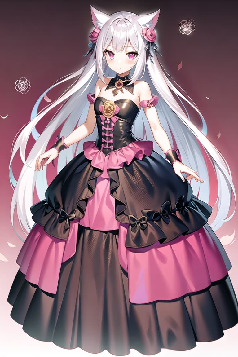  master piece , best quality,Hair silver to pink gradient, gold and pink odd eyes, front, cat ears, red and black dress, full body, bell, rose, floral decoration, slender, adult like.