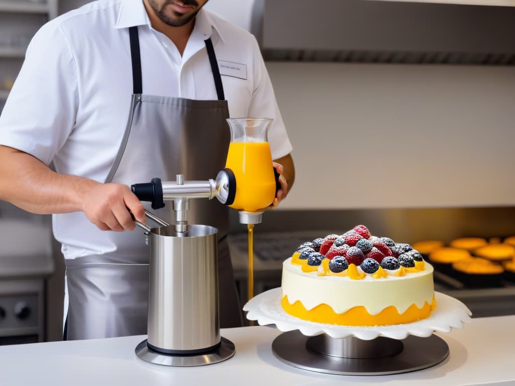  A photorealistic image of a professional pastry chef in a pristine kitchen setting, delicately using a kitchen siphon to create a fluffy and airy dessert. The chef, with focused determination, presses the siphon handle, releasing a cloud of smooth cream into a beautifully garnished dish. The gleaming stainless steel siphon catches the light, showcasing its intricate design and professional quality. The background features an array of vibrant ingredients neatly arranged, ready to be transformed into exquisite desserts using the kitchen siphon. hyperrealistic, full body, detailed clothing, highly detailed, cinematic lighting, stunningly beautiful, intricate, sharp focus, f/1. 8, 85mm, (centered image composition), (professionally color graded), ((bright soft diffused light)), volumetric fog, trending on instagram, trending on tumblr, HDR 4K, 8K