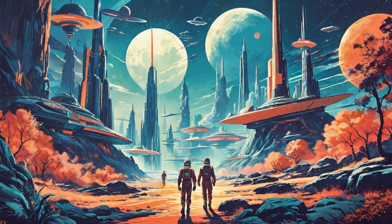  retro futuristic beings realigning, serene faces, transitional energies, illuminated paths, supportive cosmic energy, peaceful acceptance, evolving landscape, gentle mood lvintage sci fi, 50s and 60s style, atomic age, vibrant, highly detailed