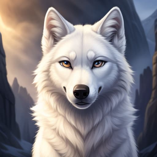  A white wolf in her , open eyes, digital art, masterpiece, 4k, fine details,