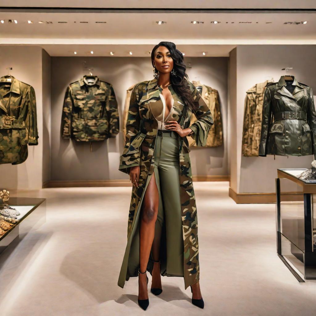  African American Woman smiling in camouflage shopping at a luxury gift shop with expensive paintings on the wall hyperrealistic, full body, detailed clothing, highly detailed, cinematic lighting, stunningly beautiful, intricate, sharp focus, f/1. 8, 85mm, (centered image composition), (professionally color graded), ((bright soft diffused light)), volumetric fog, trending on instagram, trending on tumblr, HDR 4K, 8K