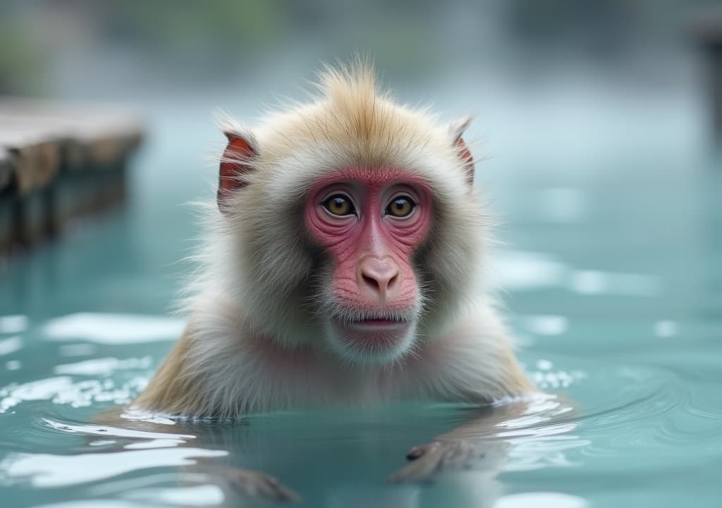  good quality, high quality, a curious snow monkey submerged in a hot spring