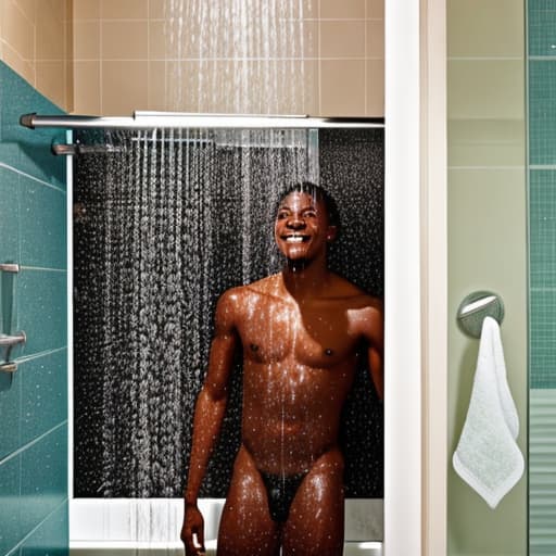  a young black man showering by a beach shower stall.