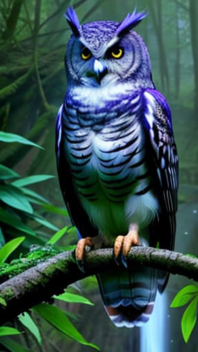  Psychedelic owl sitting on a tree branch in the middle of a forest with a sunset and waterfall in the background, hyperrealistic, high quality, highly detailed, cinematic lighting, intricate, sharp focus, f/1. 8, 85mm, (centered image composition), (professionally color graded), ((bright soft diffused light)), volumetric fog, trending on instagram, HDR 4K, 8K