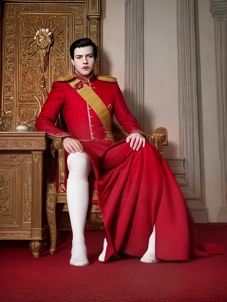  a gentleman wearing red luxurious royal dress, kneel downly like knight sitting on the ground of a luxurious royal red courtroom. human like american white face required
