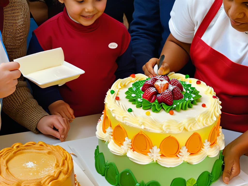  A closeup, ultradetailed image of a diverse group of people of different ages and backgrounds, all enthusiastically participating in a baking workshop. The image showcases a beautifully decorated cake being carefully crafted, with vibrant colors and intricate details visible in the frosting and decorations. Each participant is engaged and focused, some piping frosting, others sprinkling decorations, all working together in a harmonious and inclusive environment. The scene exudes warmth and joy, capturing the essence of learning and creating together in an adapted and welcoming space. hyperrealistic, full body, detailed clothing, highly detailed, cinematic lighting, stunningly beautiful, intricate, sharp focus, f/1. 8, 85mm, (centered image composition), (professionally color graded), ((bright soft diffused light)), volumetric fog, trending on instagram, trending on tumblr, HDR 4K, 8K