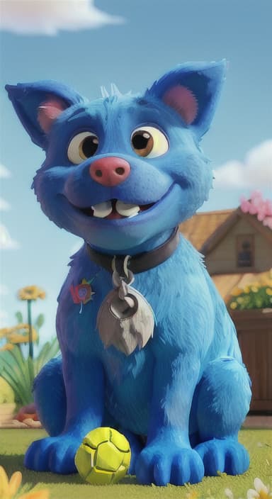  {Max carefully picking up the ball with his teeth without disturbing the flowers, The big blue dog is large with sky blue fur, big round eyes, a black nose, and floppy ears.