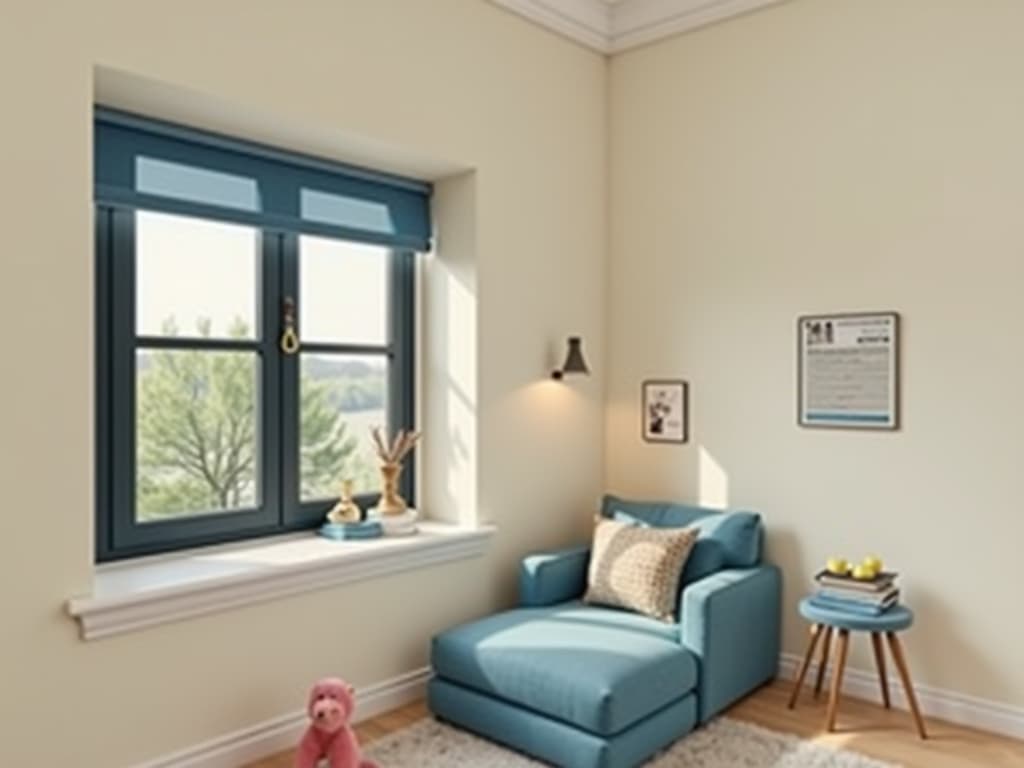  this editorial photography showcases a vint indigo hue (rgb value needed) in a ’s room designed for nurturing and comfort. the space features a cozy bed, a comfortable couch for mom, and toys, all accented by colored blinds that enhance the room's cheerful ambiance. the indigo effect adds a lively and inviting atmosphere to the area.