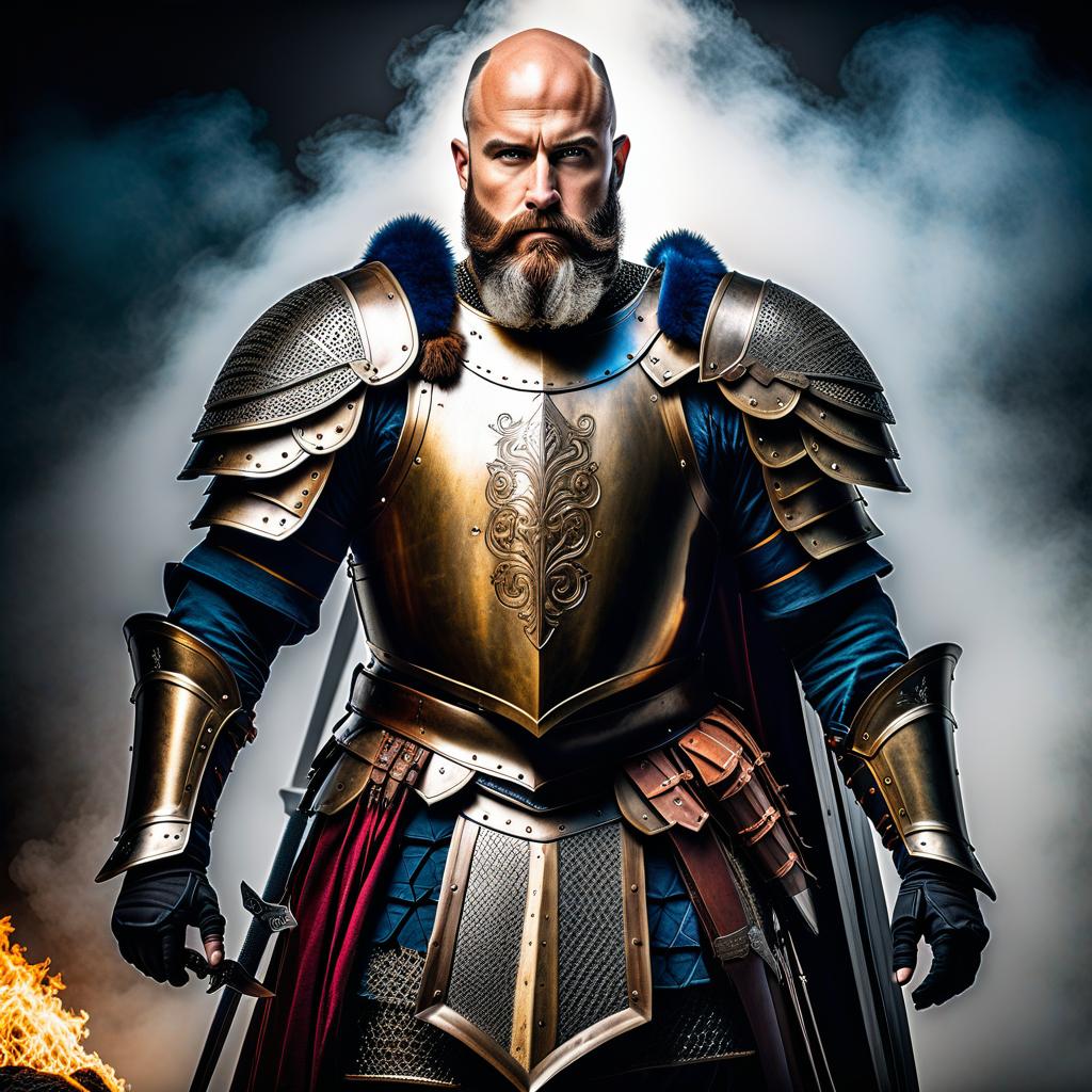  HDR photo of bald and bearded warrior in knight's armor, without helmet . High dynamic range, vivid, rich details, clear shadows and highlights, realistic, intense, enhanced contrast, highly detailed hyperrealistic, full body, detailed clothing, highly detailed, cinematic lighting, stunningly beautiful, intricate, sharp focus, f/1. 8, 85mm, (centered image composition), (professionally color graded), ((bright soft diffused light)), volumetric fog, trending on instagram, trending on tumblr, HDR 4K, 8K