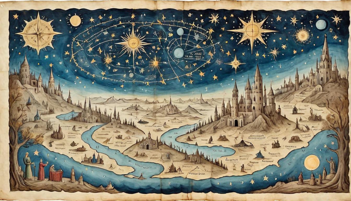  on parchment, surrealism+++, A night sky filled with constellations, each star burning brightly, celestial map, guiding, eternal(mysterious, provocative, symbolic,muted color)+++