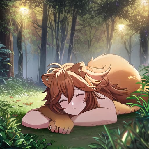  A Lion lay sleeping in the forest, his great head resting on his paws.. A timid little Mouse came upon him unexpectedly, and in her fright and haste to get away, ran across the Lion's nose. Jungle Treasures, Midnight Mystique hyperrealistic, full body, detailed clothing, highly detailed, cinematic lighting, stunningly beautiful, intricate, sharp focus, f/1. 8, 85mm, (centered image composition), (professionally color graded), ((bright soft diffused light)), volumetric fog, trending on instagram, trending on tumblr, HDR 4K, 8K