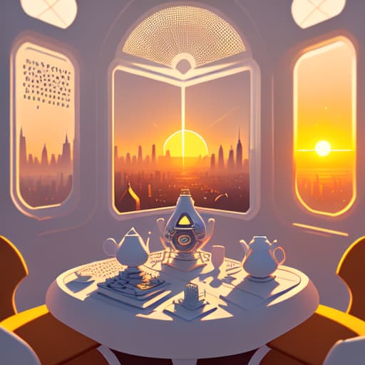in OliDisco style Futuristic style. Deck of cards and cup of tea over white table. Sunset through a window with a city view. White and soft tones.
