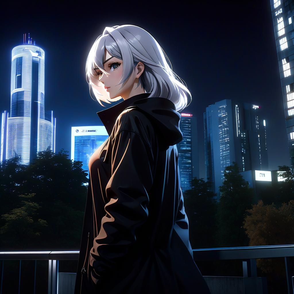  a woman standing in front of a tall building, realistic anime artstyle, dark neighborhood, cinematic —ar 16:9, hrushevka on background, looking at you, girl silver hair, it's getting dark, night time footage, cryptocurrency in the background, hidden, both faces visible hyperrealistic, full body, detailed clothing, highly detailed, cinematic lighting, stunningly beautiful, intricate, sharp focus, f/1. 8, 85mm, (centered image composition), (professionally color graded), ((bright soft diffused light)), volumetric fog, trending on instagram, trending on tumblr, HDR 4K, 8K