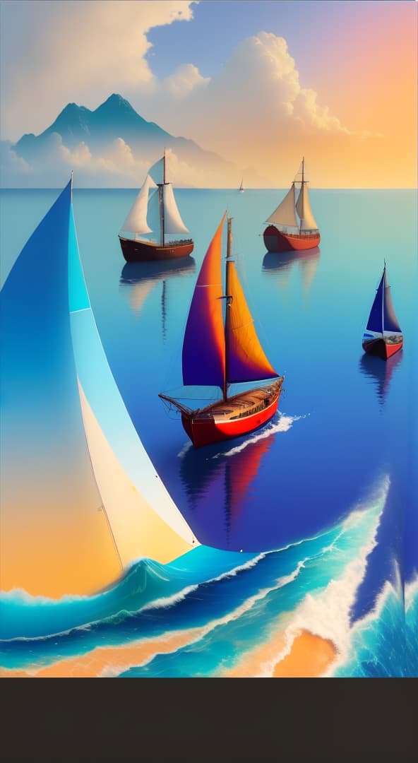  an abstract painting of, a sailboat compilation between four floating sailboats, a wave of a blue sea water, with a beautiful landscape, very colorfully presented, a face of an African woman wearing earrings, , hyperrealistic, high quality, highly detailed, perfect lighting, intricate, sharp focus, f/1. 8, 85mm, (centered image composition), (professionally color graded), ((bright soft diffused light)), trending on instagram, HDR 4K, 8K