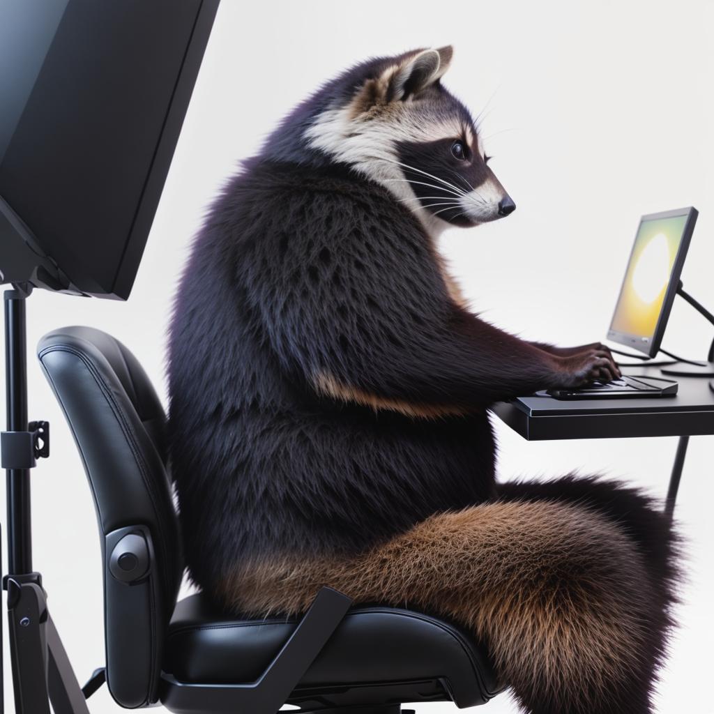  raccoon sitting in gaming chair front a computer on desktop, ((semi anthropomorphic)),(full body), tail, belly, sitting, fat, (chubby), (((white background))), solo, desktop, gaming chair, side view,  [[[clothes]]] hyperrealistic, full body, detailed clothing, highly detailed, cinematic lighting, stunningly beautiful, intricate, sharp focus, f/1. 8, 85mm, (centered image composition), (professionally color graded), ((bright soft diffused light)), volumetric fog, trending on instagram, trending on tumblr, HDR 4K, 8K