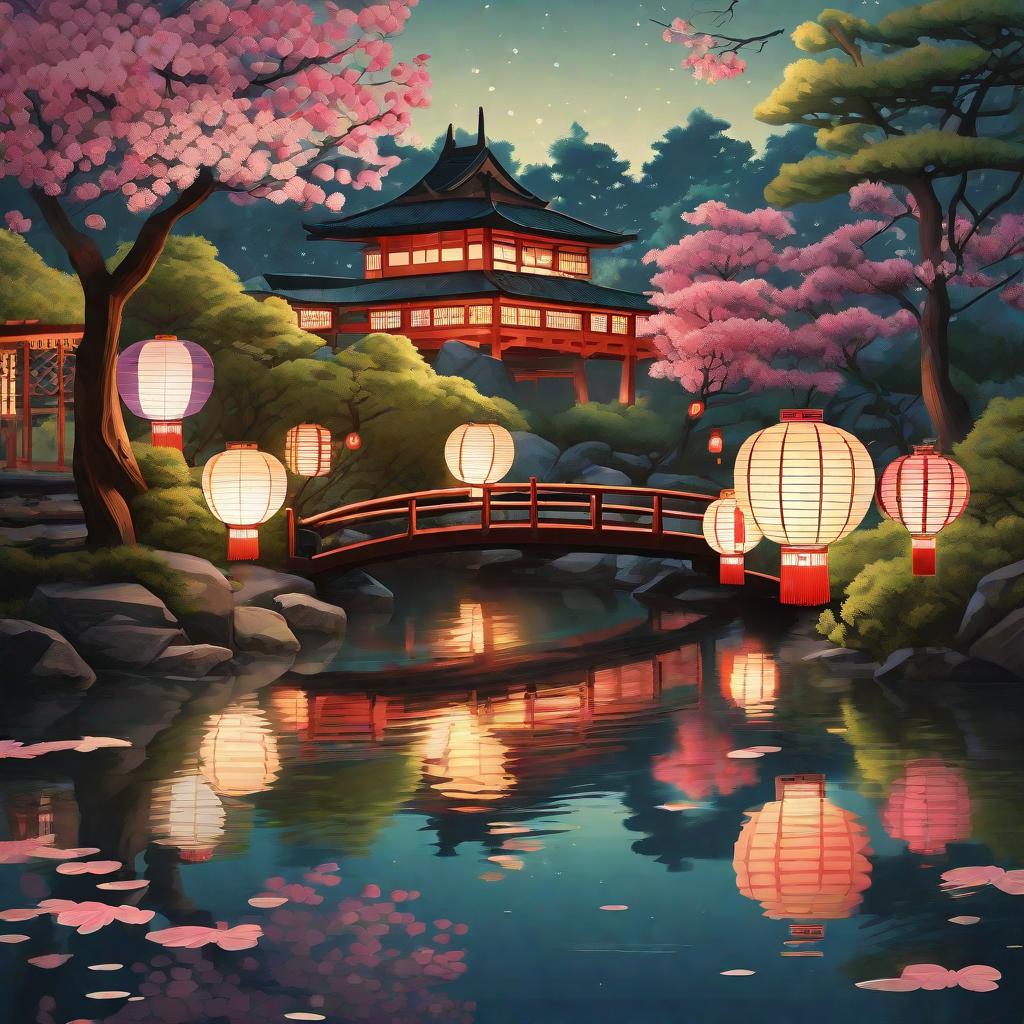  masterpiece, best quality, Immerse yourself in the beauty of a Japanese art-inspired night landscape, meticulously captured in this high-quality photograph. The scene unfolds within a peaceful garden, where the soft glow of flying paper lanterns casts a warm and inviting ambiance. A wooden bridge gracefully stretches across a serene lake, its surface mirroring the celestial spectacle of a starry sky. Nestled among the picturesque surroundings, a Zen Buddhist temple emanates a sense of tranquility and spiritual harmony. However, amidst this serene setting, the tranquility is shattered by a fierce battle between two armies of samurai on the bridge. Arrows of fire soar through the air, aimed at the glowing lanterns, creating a dramatic interpl