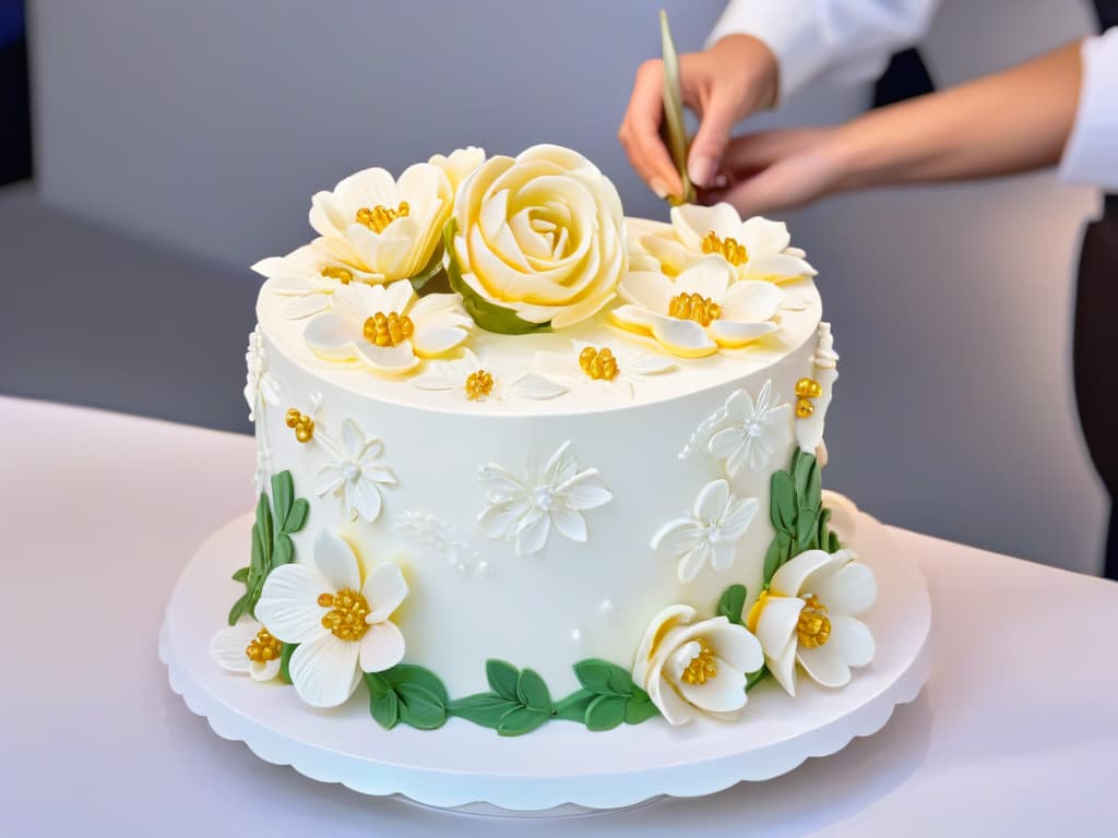  A closeup, ultradetailed image of a group of diverse hands elegantly and meticulously decorating a multitiered cake with intricate piping, delicate fondant flowers, and shimmering edible gold leaf accents. The hands belong to a team of pastry chefs, each hand showcasing unique skill and precision in their craft, working together in harmony to create a showstopping masterpiece. The image captures the intense focus, teamwork, and artistry involved in preparing for a highstakes baking competition, with a soft, monochromatic color palette emphasizing the fine details and textures of the dessert. hyperrealistic, full body, detailed clothing, highly detailed, cinematic lighting, stunningly beautiful, intricate, sharp focus, f/1. 8, 85mm, (centered image composition), (professionally color graded), ((bright soft diffused light)), volumetric fog, trending on instagram, trending on tumblr, HDR 4K, 8K