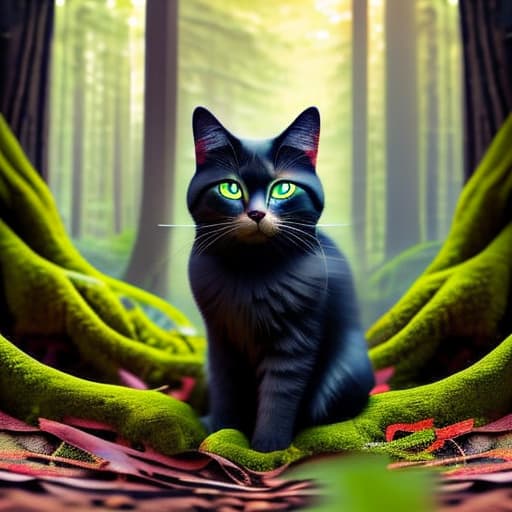 naturitize un gato en un bosque con niebla hyperrealistic, full body, detailed clothing, highly detailed, cinematic lighting, stunningly beautiful, intricate, sharp focus, f/1. 8, 85mm, (centered image composition), (professionally color graded), ((bright soft diffused light)), volumetric fog, trending on instagram, trending on tumblr, HDR 4K, 8K