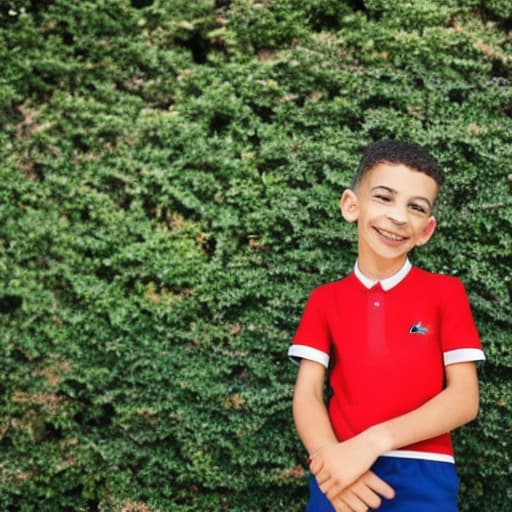  a handsome mixed race kid smiling, wearing a red short-sleeved t-shirt (Lacoste)