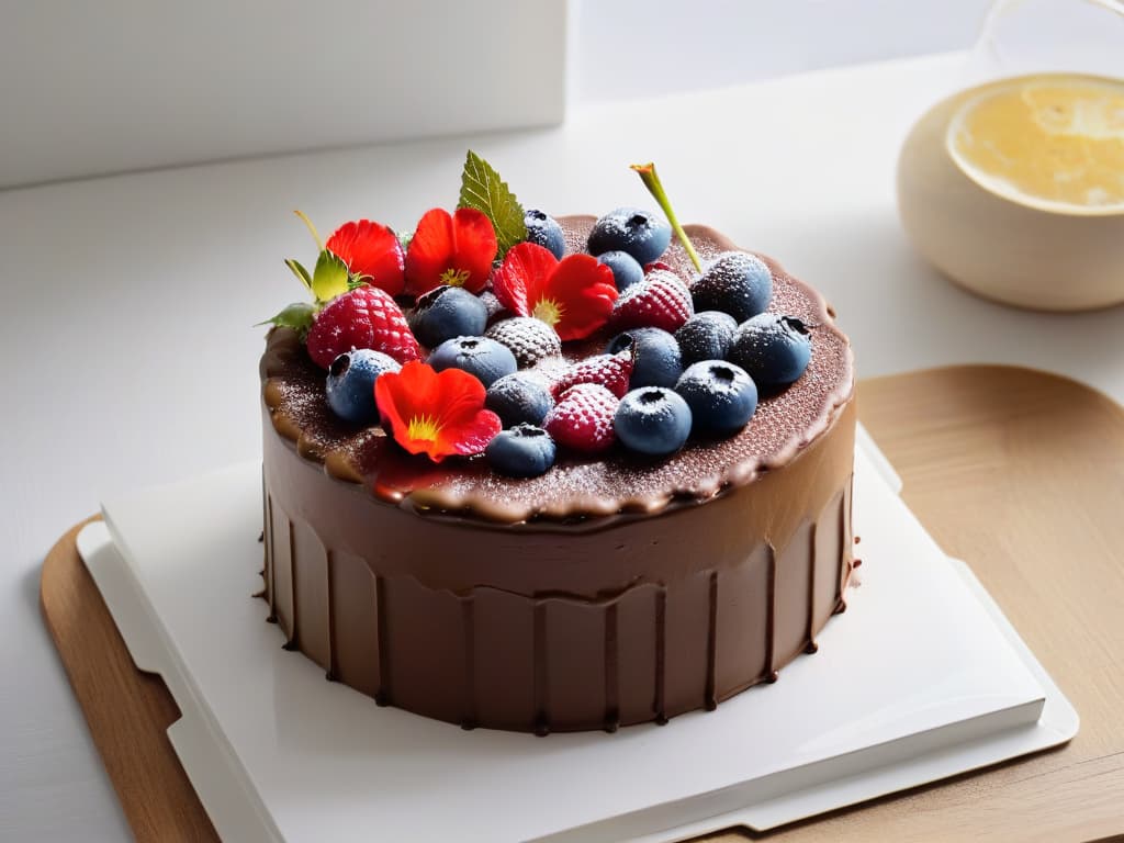  A highresolution image of a beautifully crafted, intricately designed vegan and organic chocolate cake topped with fresh berries and edible flowers. The cake sits on a sleek, modern white plate against a simple, elegant backdrop, showcasing its delicious and guiltfree indulgence. hyperrealistic, full body, detailed clothing, highly detailed, cinematic lighting, stunningly beautiful, intricate, sharp focus, f/1. 8, 85mm, (centered image composition), (professionally color graded), ((bright soft diffused light)), volumetric fog, trending on instagram, trending on tumblr, HDR 4K, 8K