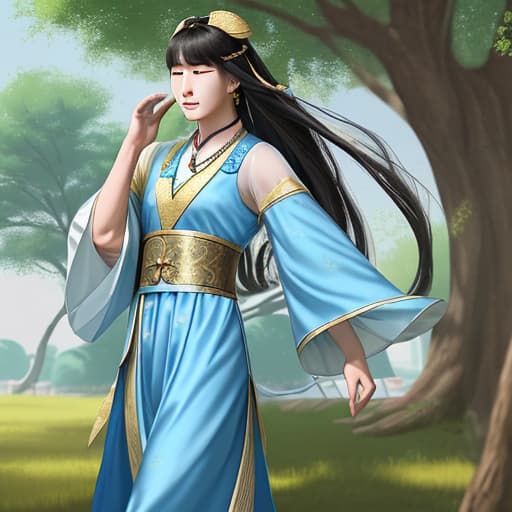  When Yu Sui walked out of the shade of the tree, he reached out and brushed his hair. His sleeves slid down, his wrist. Young , ancient costume, long golden dress, long hair, wearing a necklace,