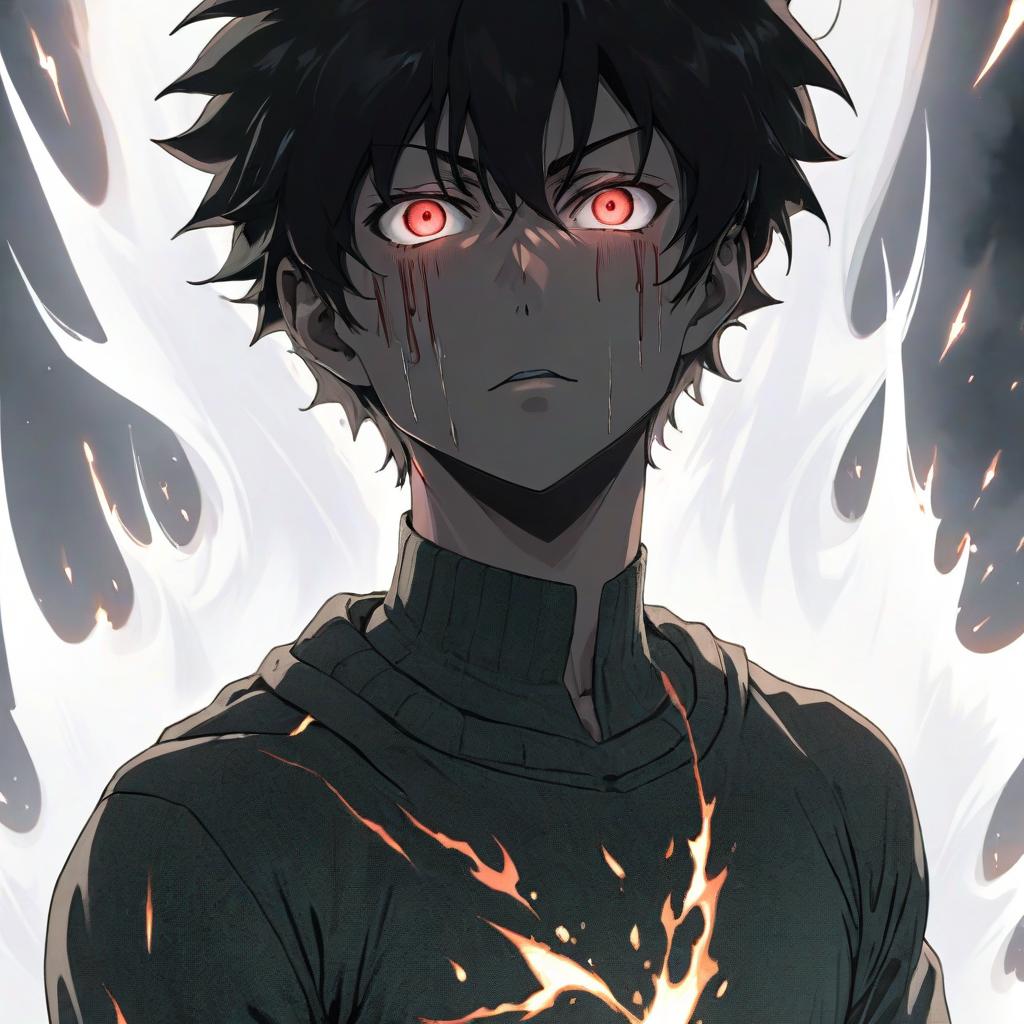  a man with white sparks from his eyes that is standing in front of a fire, seinen manga portrait, mob psycho 100, anger. hyper detailed, background removed, darkness ❄️ �️ taxidermetroid, akira vibes, limbo, omori, super saiyan, discord, his mind contemplating eternity, streaming on twitch, his eyes are bleeding intense, red highlights on the background, hyperrealistic, full body, detailed clothing, highly detailed, cinematic lighting, stunningly beautiful, intricate, sharp focus, f/1. 8, 85mm, (centered image composition), (professionally color graded), ((bright soft diffused light)), volumetric fog, trending on instagram, trending on tumblr, HDR 4K, 8K